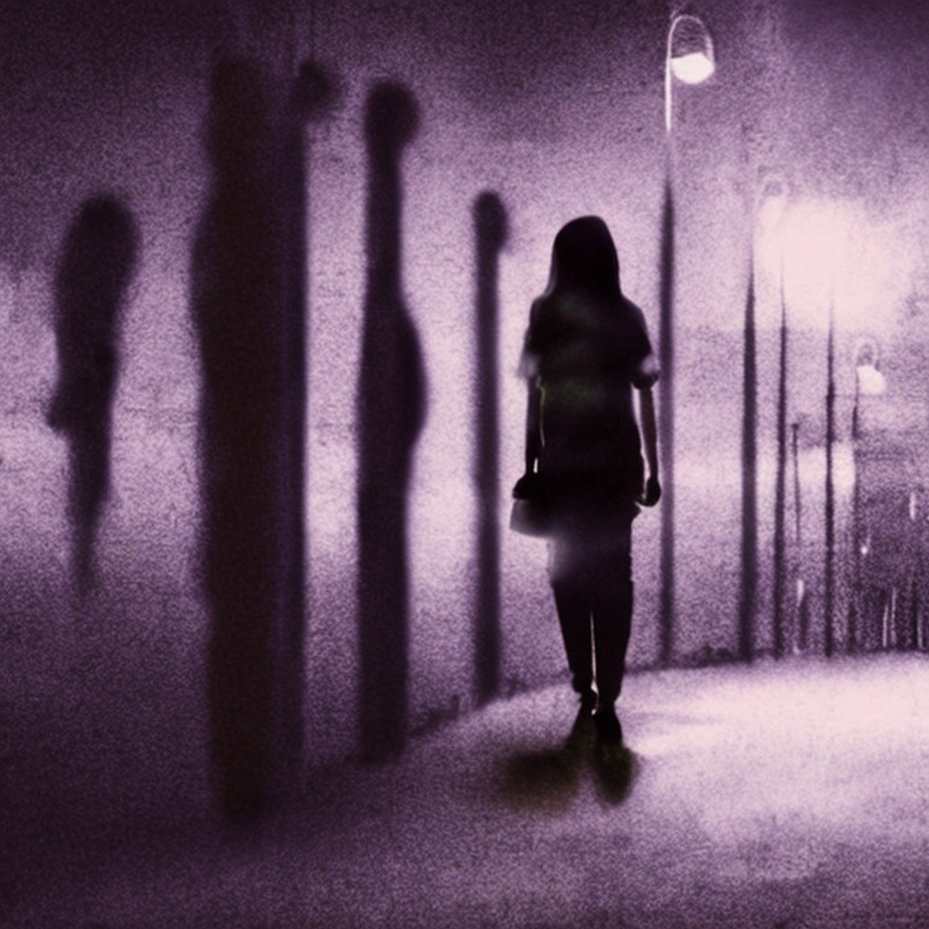 A digital image that shows a woman walking down a dark street at night. There are several shadowy figures in the background, but they are not clearly visible. The woman has her arms along her body and seems to be carrying a purse. The streetlights on either side of the woman cast a dim, flickering light on the ground. The overall mood of the image is eerie and mysterious.