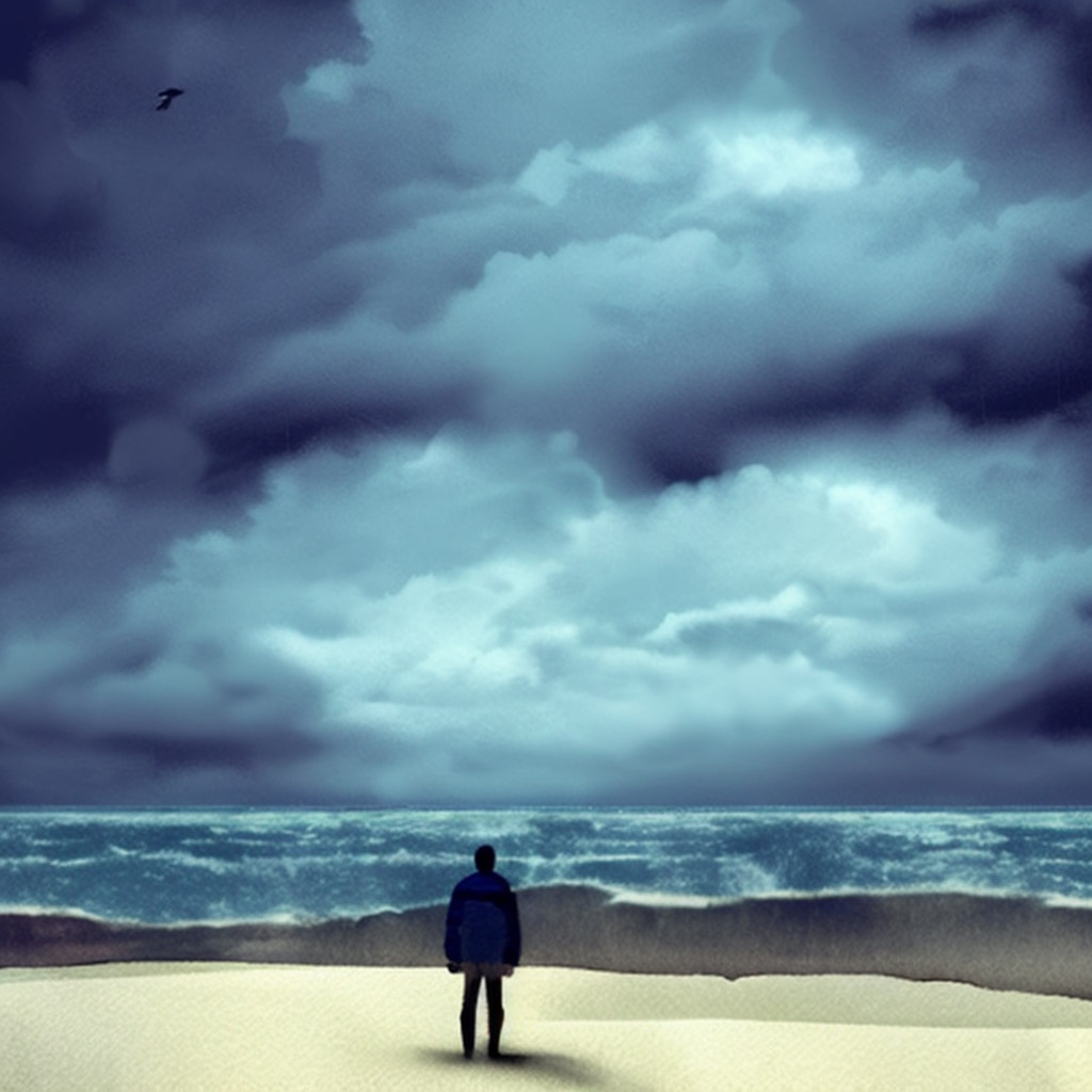 A surrealist image that shows a man standing on a beach, looking out at the ocean. The sky is cloudy and stormy, with dark clouds and a few scattered lightning strikes visible. The man is wearing a black jacket and black pants, and is standing with his back to the camera, looking out at the ocean. The sand on the beach is dark and the waves are crashing on the shore. The overall mood of the image is somber and contemplative.