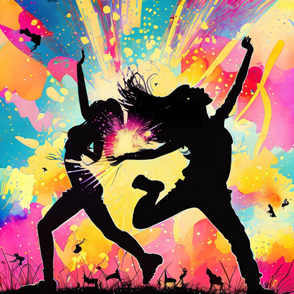 The image shows two silhouetted figures dancing in front of a colorful background. The background is a splash of colorful paint, with swirls and splatters of different colors. The overall effect is one of joy and movement.