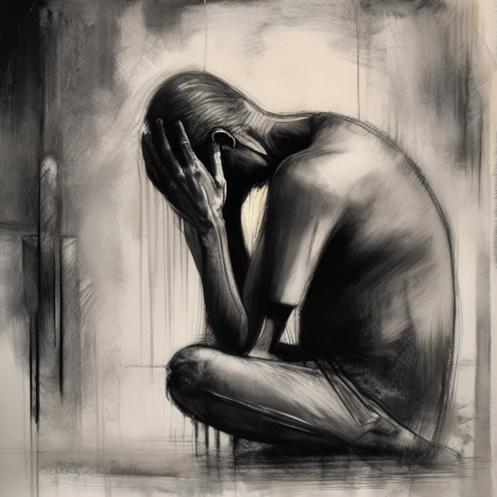 The image is a black and white drawing of a man sitting on the ground with his head in his hands, looking dejected and sad. The man is wearing a black shirt and pants, and his face is obscured by his hands. The background is a dark, empty room with a single light source coming from the left side of the image. The overall mood of the image is one of sadness and despair.
