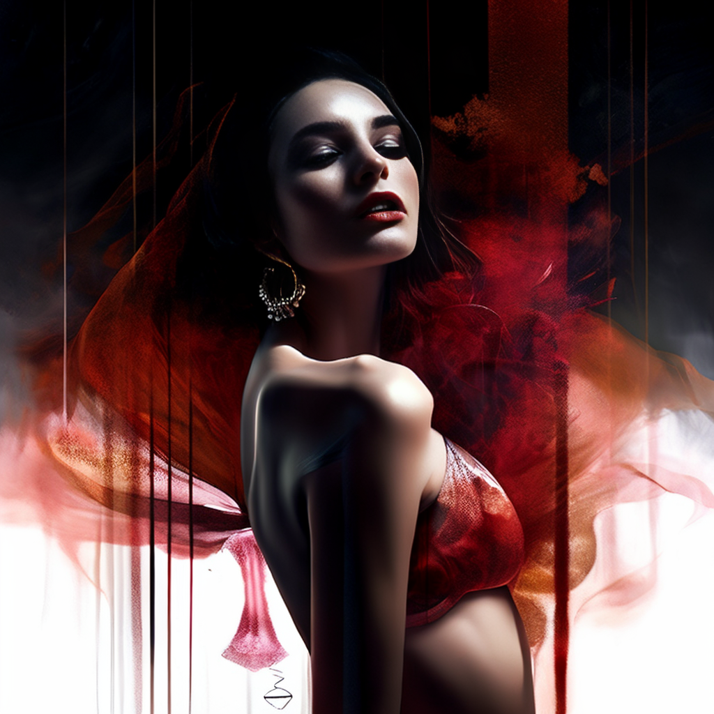 The image is a digital painting of a woman in red lingerie with a red background and a red liquid effect. The woman has long, flowing hair and is looking directly at the camera with a seductive expression. The overall mood of the image is sensual and erotic.