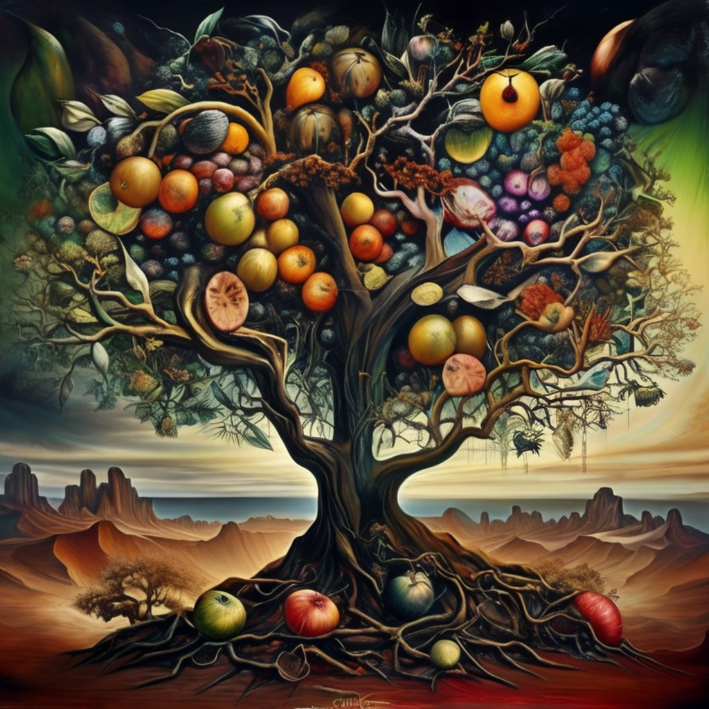 The image shows a tree with various fruits and vegetables growing out of it. The tree is surrounded by a desert landscape with mountains and clouds in the background. The colors used in the image are vibrant and bright, with a mix of greens, yellows, and oranges. The overall mood of the image is a contrast of abundance and growth and scarcity.