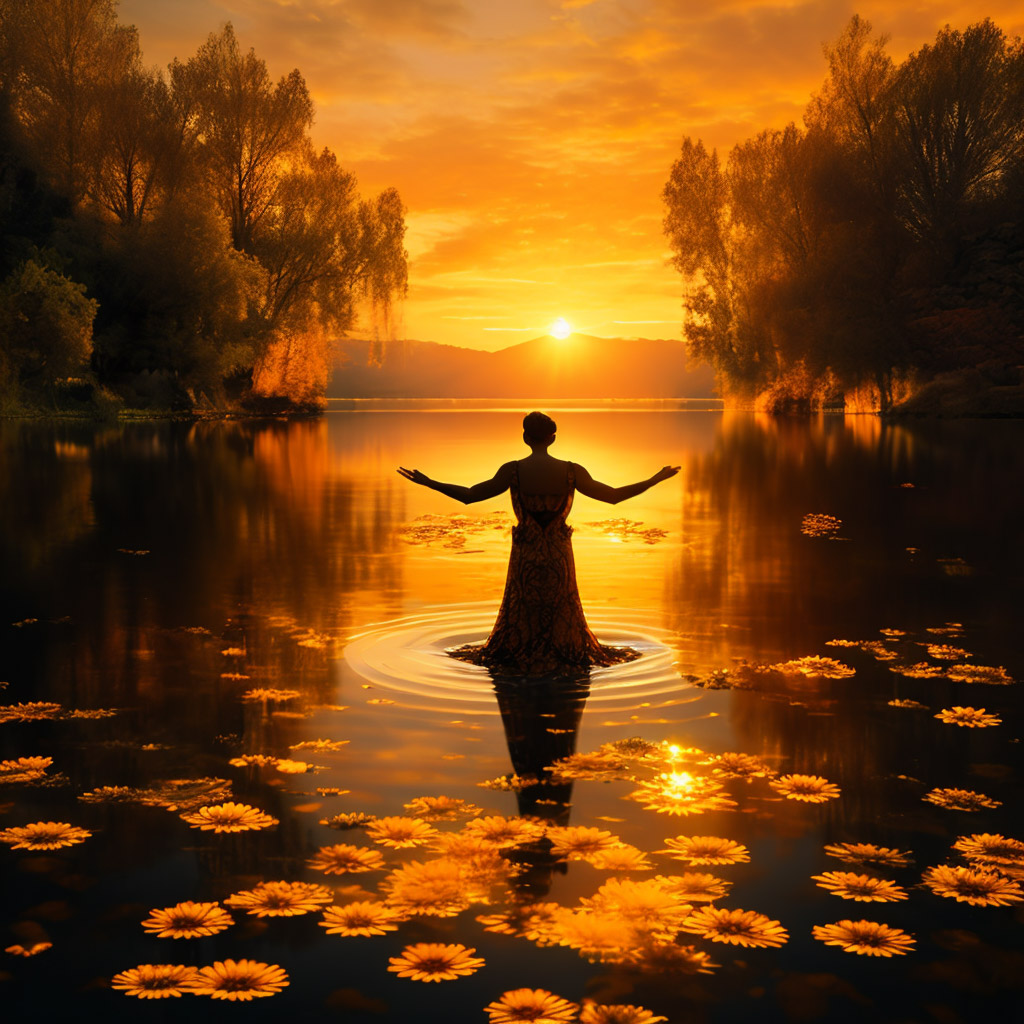 The image shows a woman standing in the middle of a lake surrounded by sunflowers. The sun is dawning in the background, casting a warm glow on the water. The woman is standing with her arms outstretched, as if wanting to embrace the rising sun. The sunflowers are in the foreground, their petals swaying in the breeze. The overall mood of the image is peaceful and serene.
